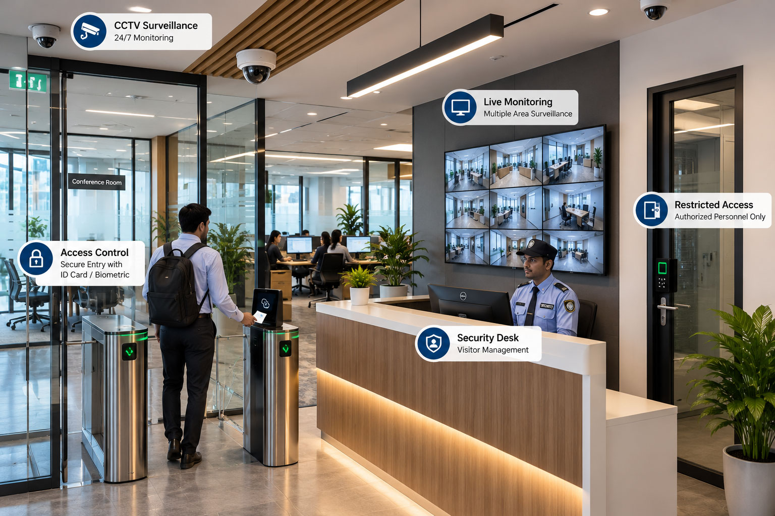 Smart office security system with surveillance cameras