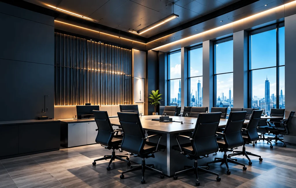Modern commercial conference room with city view